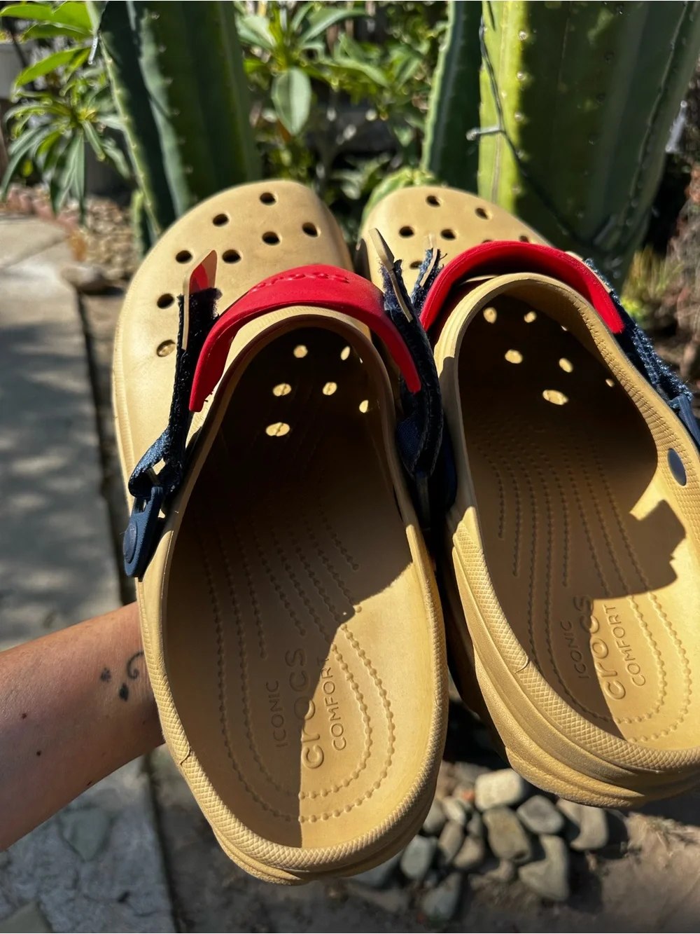 CROCS Classic Clog Sandal in Tan with Red & Blue  Strap Men’s #13